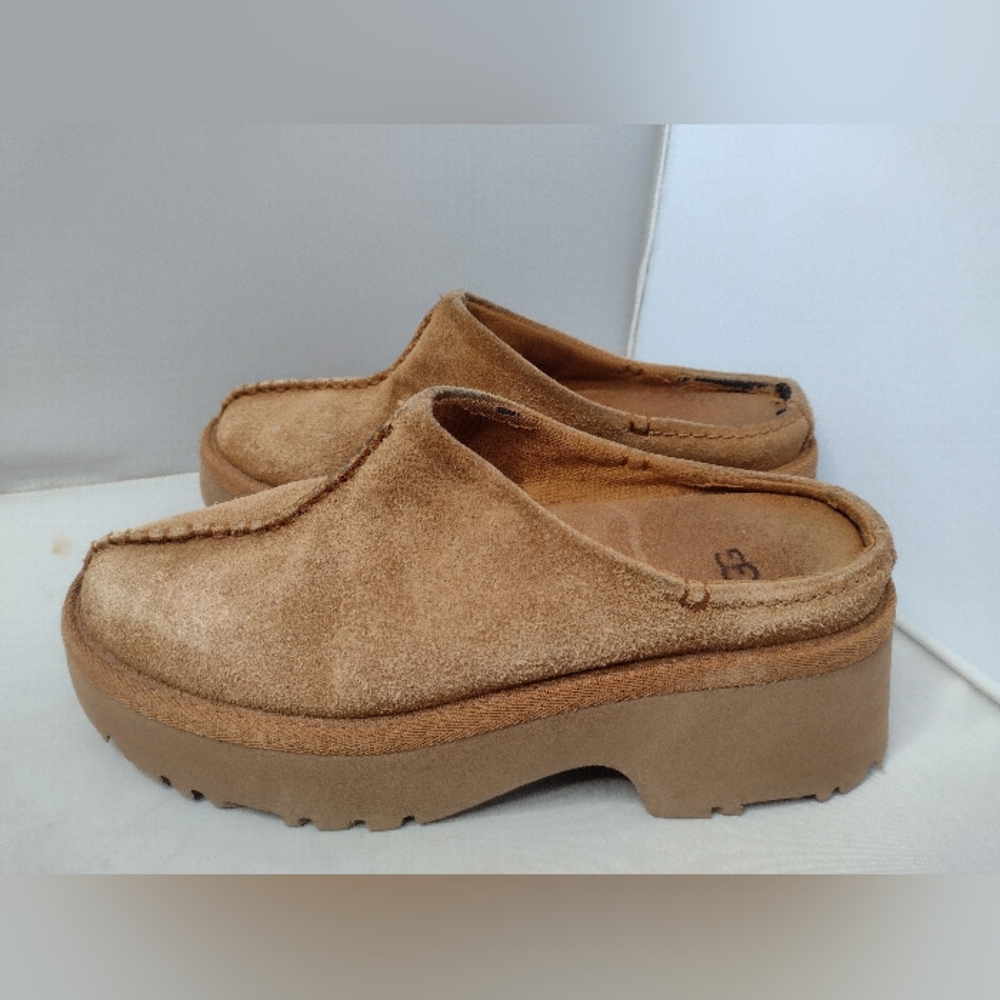 UGG Women New Heights Cozy Clog 6 Chestnut Suede Leather Mules Shoes A4